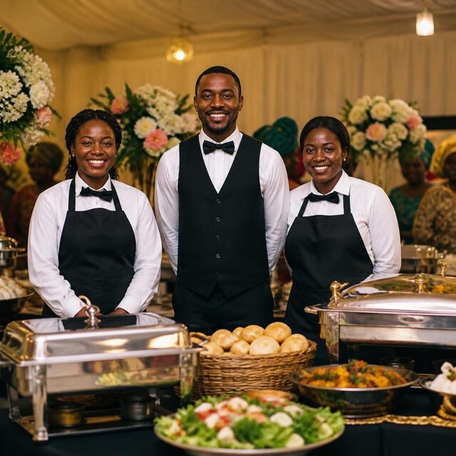 Catering team serving a wedding buffet